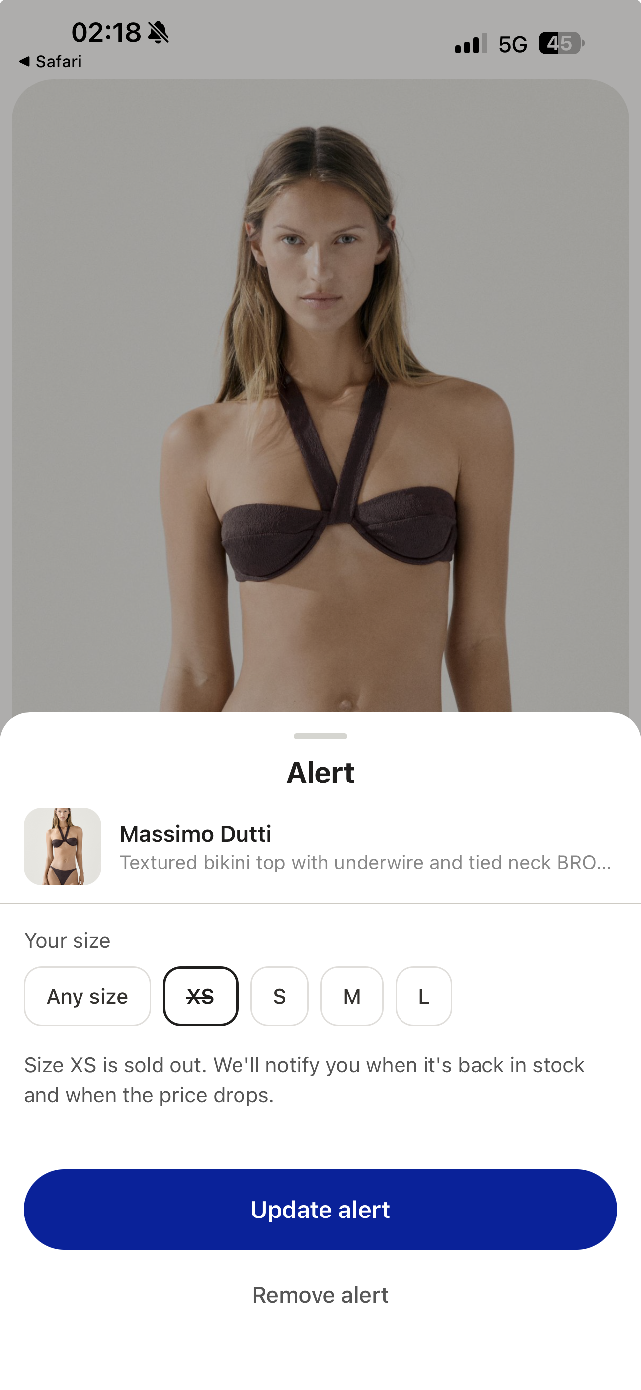Favora iOS alert sheet for a sold-out size with update and remove alert actions