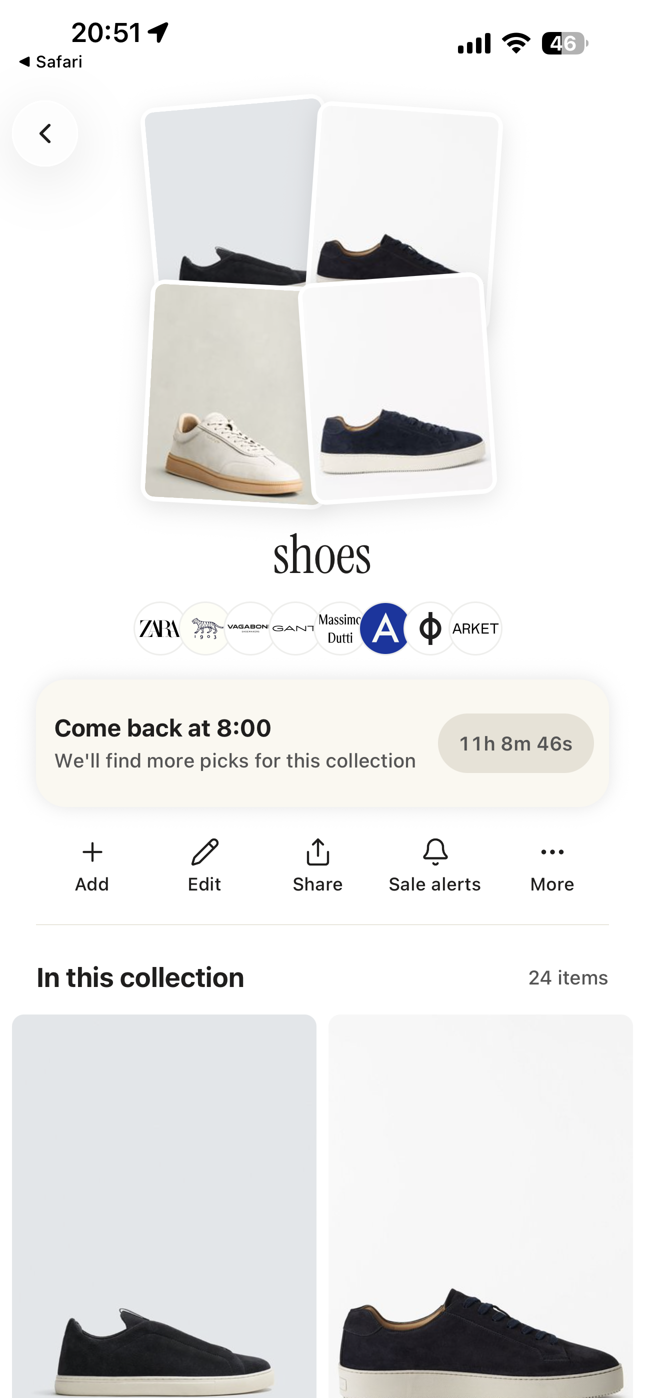 Favora iOS collection page showing brand logos, a daily picks countdown, and saved items below