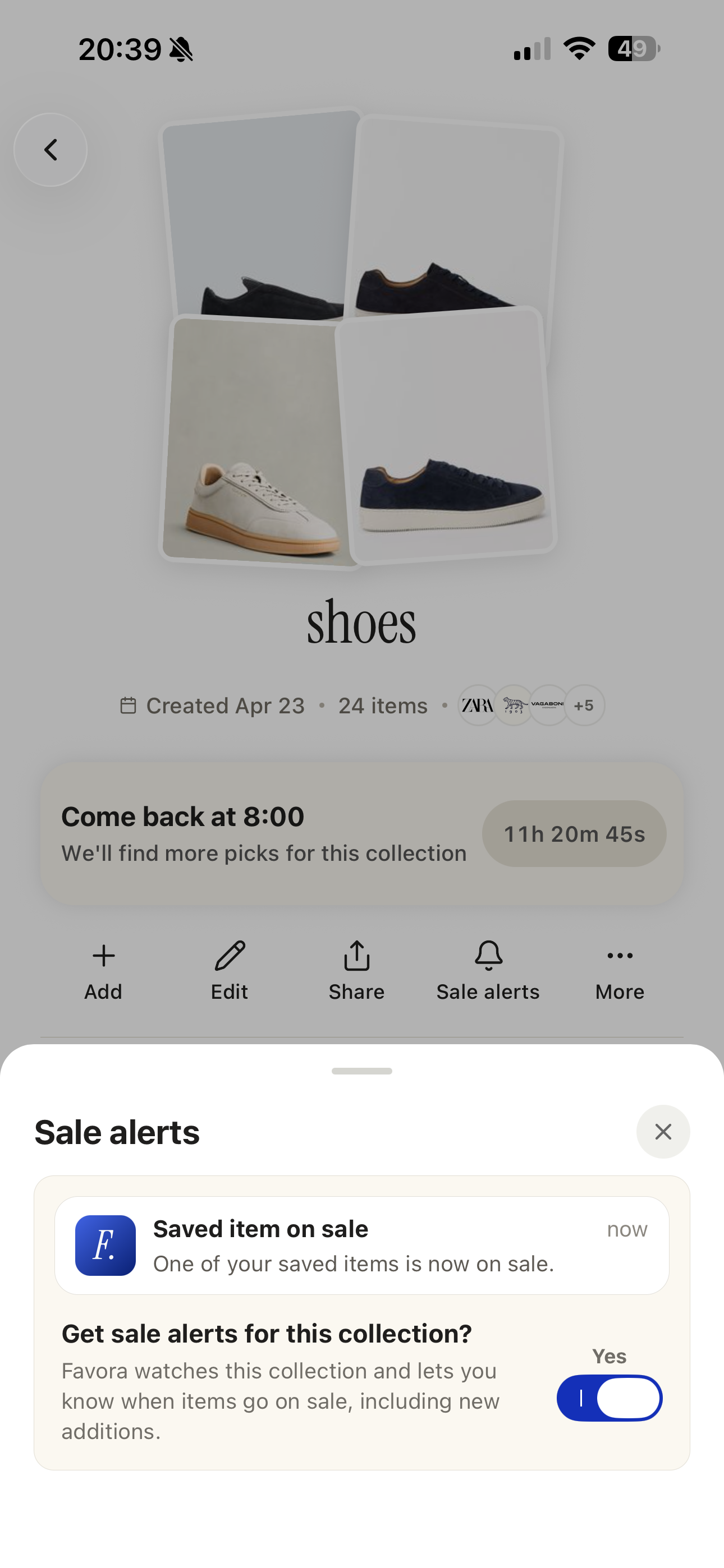 Favora iOS sale alerts sheet for a collection with a notification preview and Yes toggle