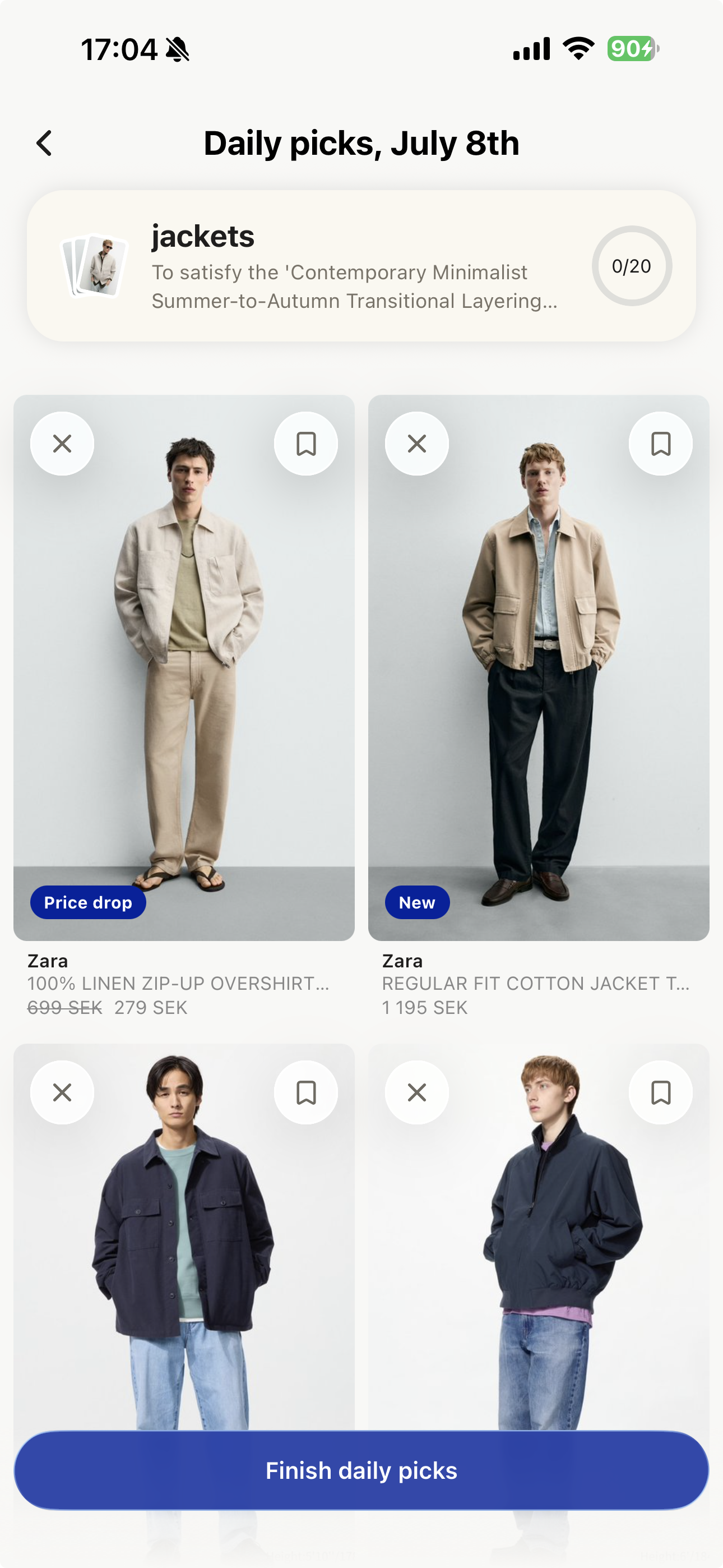 Favora daily picks showing jacket recommendations marked with Price drop and New badges