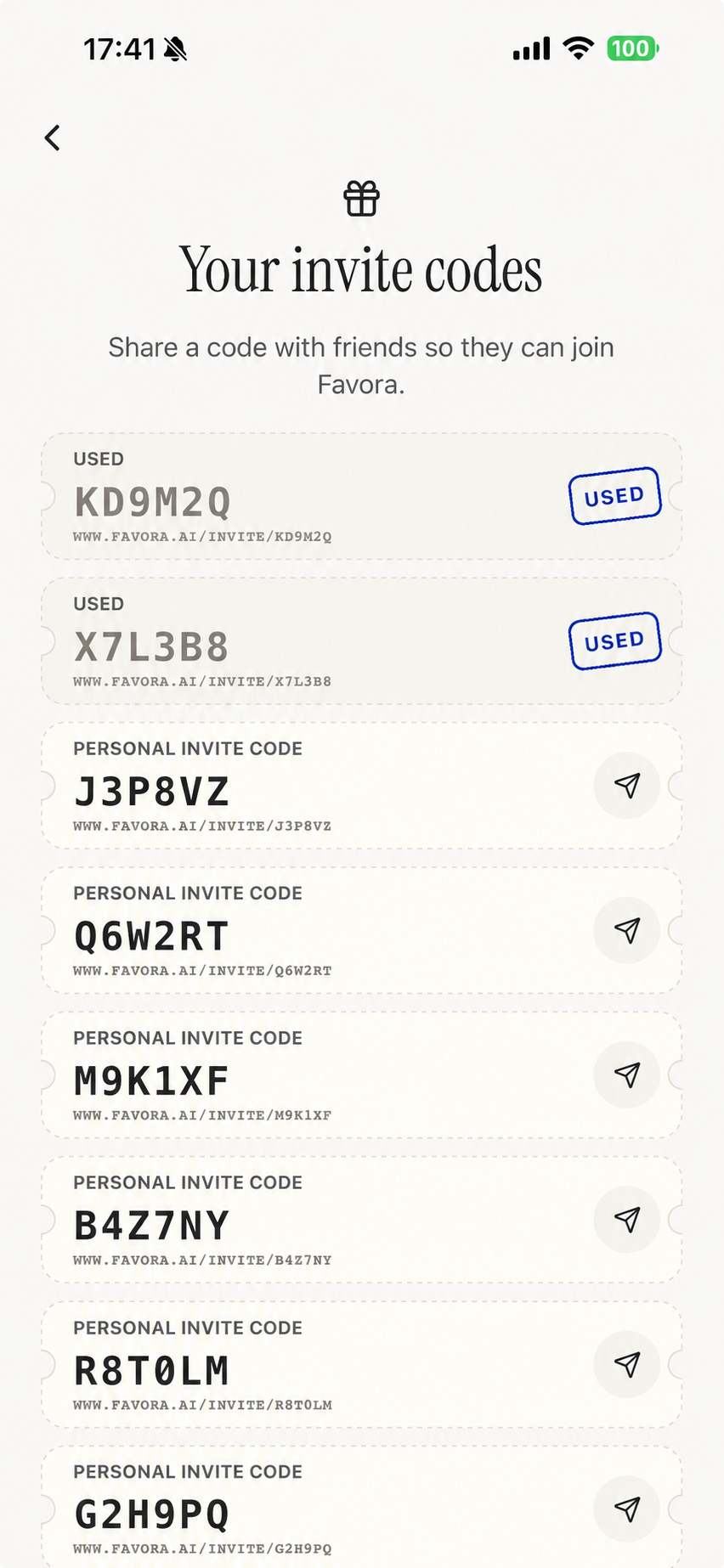 Favora invite codes screen showing used codes and personal invite codes to share with friends