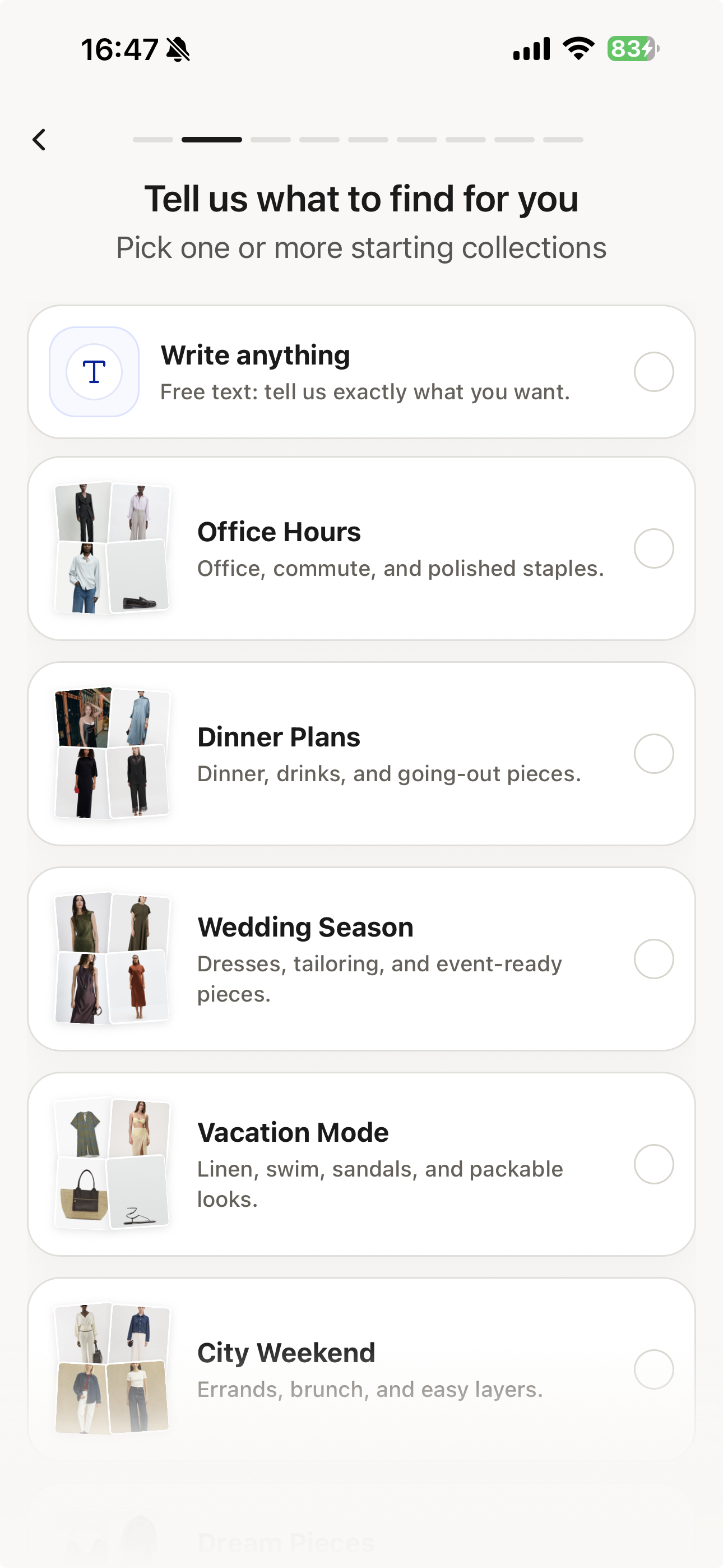 Favora onboarding screen showing pre-made starter collections including Office Hours, Dinner Plans, Wedding Season, Vacation Mode, and City Weekend