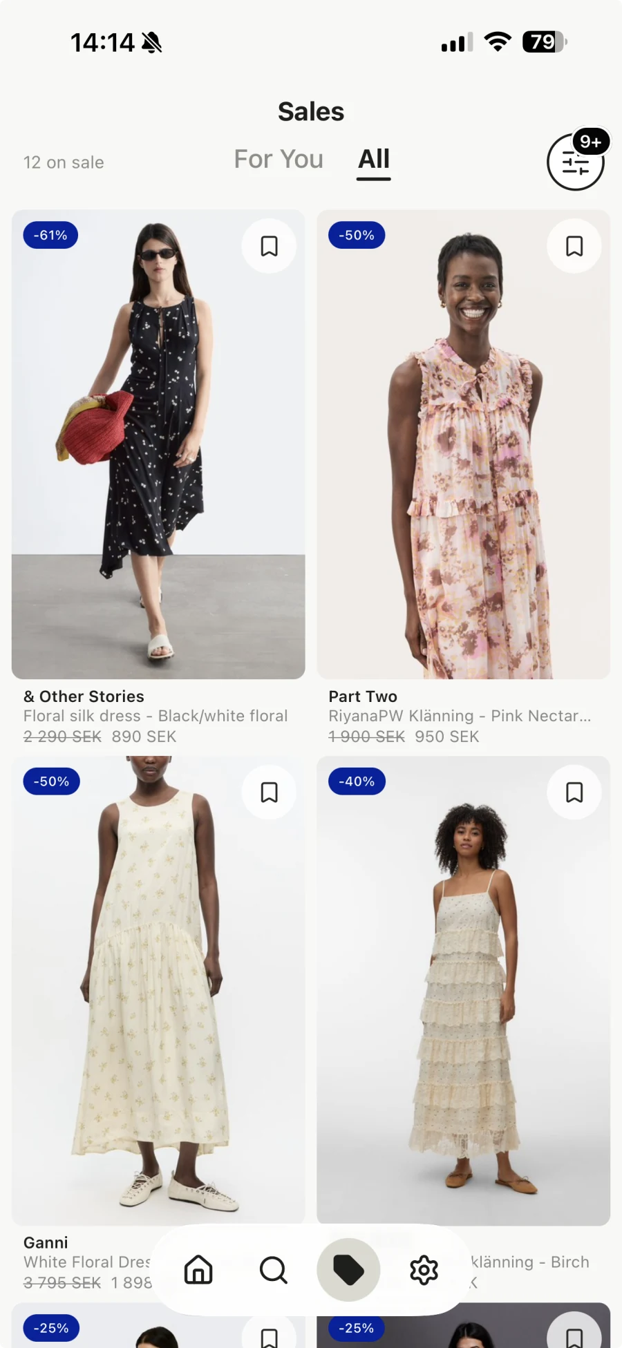 The All Sales tab narrowed to twelve dresses using more than nine filters