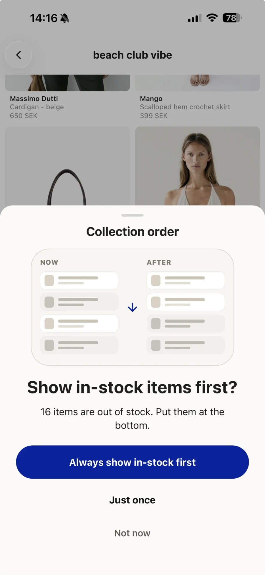 A collection order prompt offering to show in-stock items first