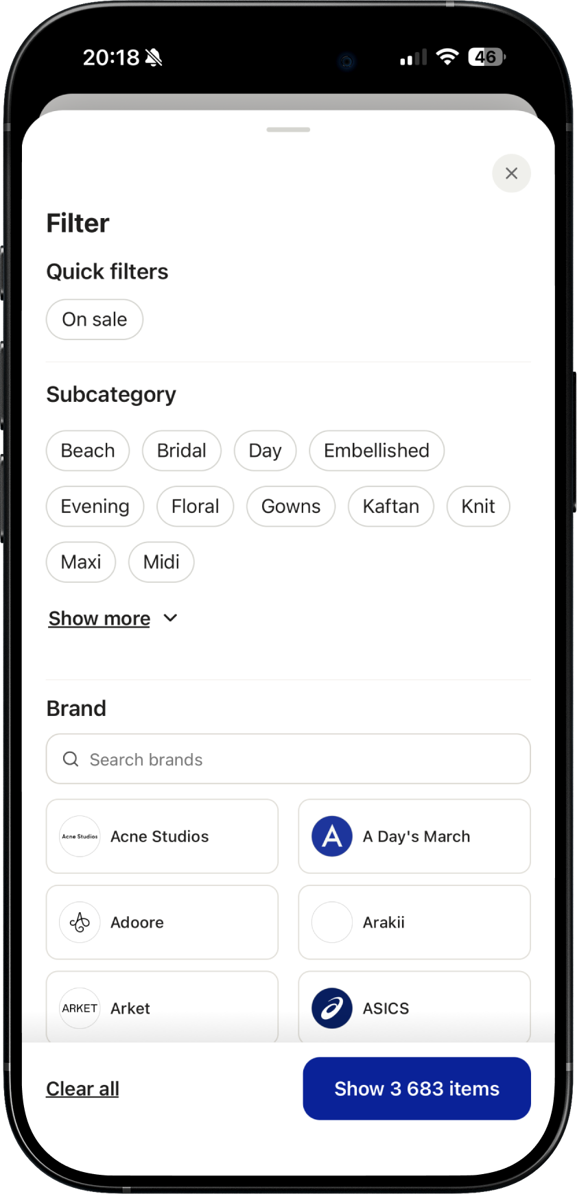 Favora iOS browse filter sheet with subcategory and brand filters