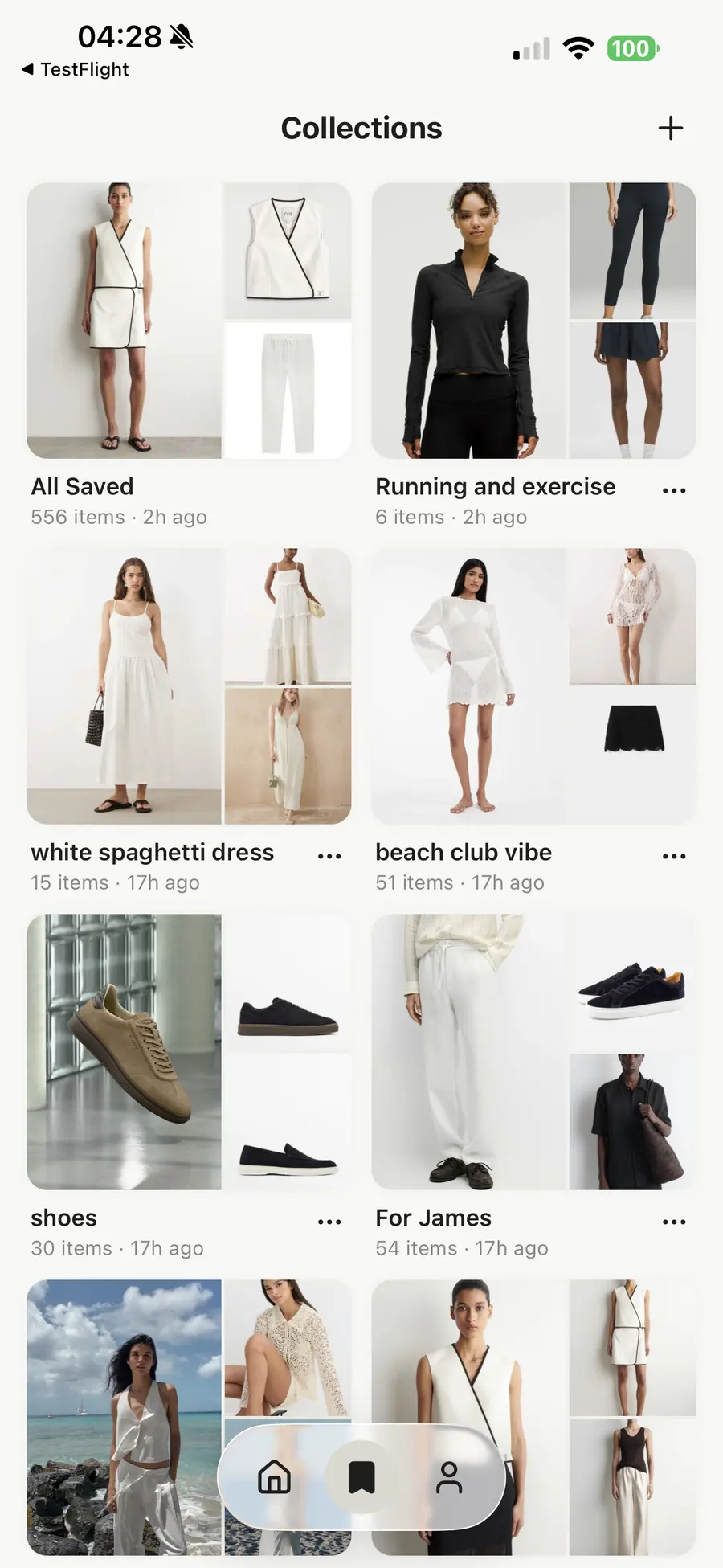 Favora V1 collections screen with All Saved and several named fashion collections